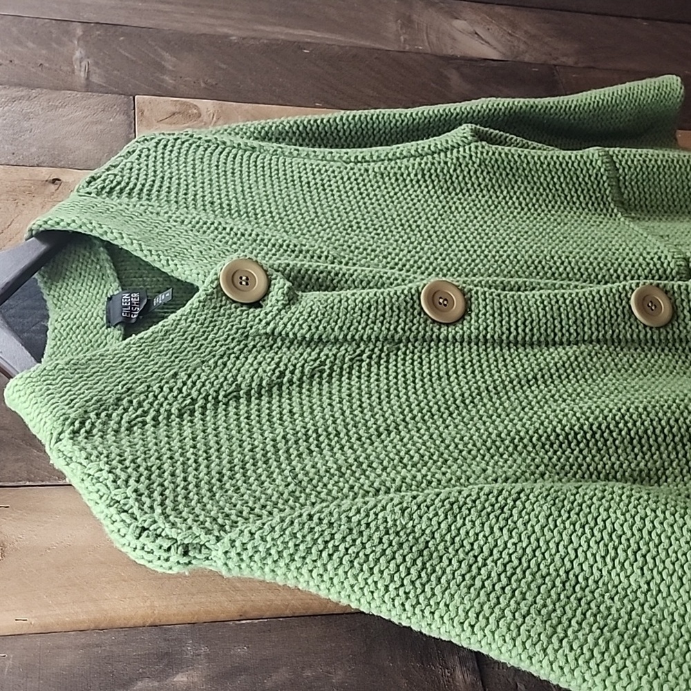Eileen Fisher green merino wool chunky long cardigan size Medium - Picture 3 of 8